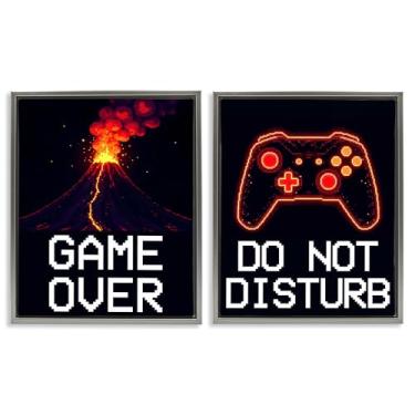 Imagem de Stupell Industries Conjunto de tela flutuante com moldura marrom Pixel Game Sentiments 2 peças, design de Kim Allen, 53 x 43 cm