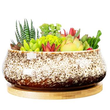 Imagem de ARTKETTY Vasos de suculentas - Vaso de 20 cm, vasos grandes de bonsai com bandeja de drenagem, vasos de cerâmica para plantas internas e externas, recipiente redondo raso para flores de cacto