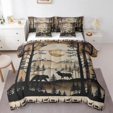 Imagem de Erosebridal Jogo de cama king size de veado em uma bolsa, 7 peças, ursos de caça, para crianças e adultos, casa de fazenda rústica, edredom e lençol de cama de montanha