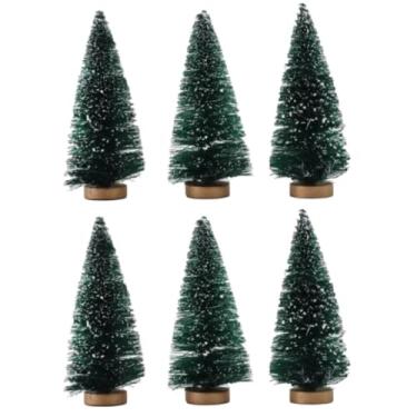 Imagem de Mini Árvores de Natal Nevadas, Decorativos de Mesa, Verde com Base em Madeira, 9cm de Altura, para Decoração Natalina, Kit com 6 Pinheiros