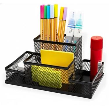 Imagem de Organizador de Mesa em Metal, Preto, 3 Compartimentos, Porta-Lápis e Papéis, Design em Malha, para Escritório e Material Escolar