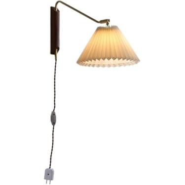 Imagem de Candeeiro De Parede Plissado De Madeira Arandela De Parede De Tecido Rotativo De Latão Quarto De Cabeceira Tipo De Tomada Luzes Montadas Na Parede Auto-comutáveis Suporte De, Walnut