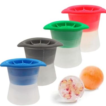 Imagem de Conjunto sortido de 4 cubos de gelo esféricos de 5 cm, molde de gelo em forma de bola para bebidas frescas, bandeja de gelo de silicone reutilizável com tampas, para uísque, coquetéis (4 cores) molde