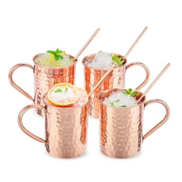 Imagem de CopperStudio Pacote Drinkware - Conjunto clássico de cobre puro de 04 canecas cilíndricas com canudos de cobre sólidos reutilizáveis EcoSip de 10 a 20 cm de comprimento. Acabamento martelado. Seguro