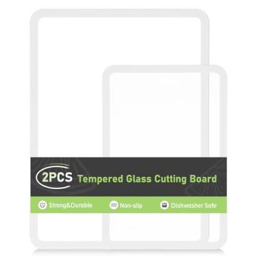 Imagem de IDekooror Tábua de corte, tábua de corte de vidro temperado para balcão de cozinha, conjunto de 2 peças de tábua de cortar com bordas de silicone antiderrapantes, resistente ao calor, lavável na