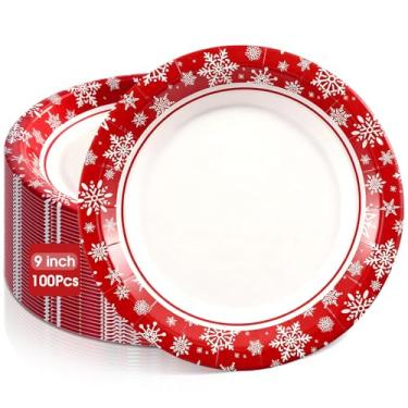 Imagem de Uiifan 100 peças de pratos de floco de neve de Natal, pratos de papel vermelho, 22,5 cm, descartáveis, sobremesa, para Natal, aniversário, casamento, tema de casamento, suprimentos para festas