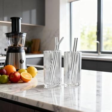 Imagem de Conjunto de 4 canudos de vidro, canudos reutilizáveis, 2 canudos retos e 2 canudos dobrados com escova de limpeza para smoothies suco de chá