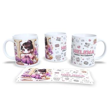 Imagem de Caneca Personalizada Anime Kawaii, Porcelana Branca, Design Amanda Dorama, Decorada com Ilustração Chibi e Padrões Fofos (h)
