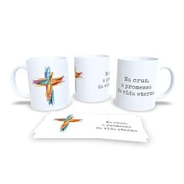 Imagem de Caneca Religiosa com Terço, Com o Terço Renovo Minha Devoção, Porcelana Branca, Design Artístico em Tons Pastéis (13744)