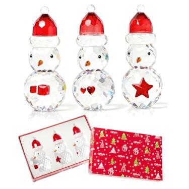 Imagem de Conjunto de 3 estatuetas de boneco de neve de cristal, estatueta de Natal de cristal, decoração de boneco de neve de vidro pequeno, peso de papel para mesa