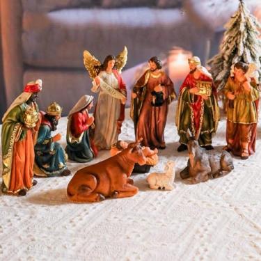 Imagem de Yinns Conjuntos de presépio de Natal em ambientes internos, estatueta de presépio de resina de 11 peças para decoração de casa religiosa de Natal