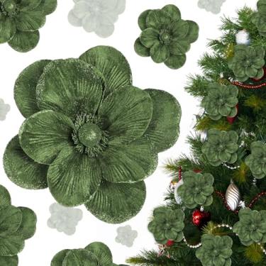 Imagem de Craftsatin 12 peças de flores de magnólia de veludo poinsétia borgonha glitter cabeças grandes flores artificiais magnólia para decoração de casamento suprimentos (verde sálvia)
