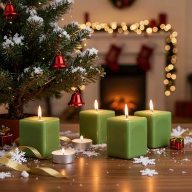 Imagem de Nuanchu Pacote com 4 velas votivas quadradas Bayberry natural perfumadas de Natal com fragrância forte, mistura pura de Bayberry e cera de abelha para coleção de Natal