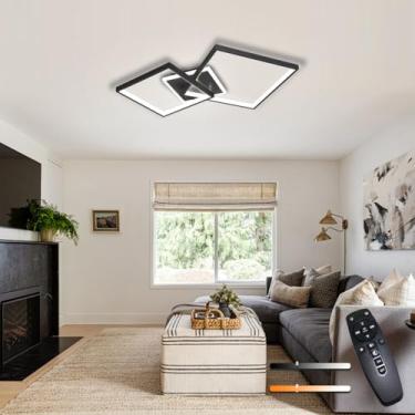 Imagem de Luminária de teto geométrica quadrada criativa para sala de estar, com intensidade regulável e controle remoto, temperatura de cor de 3000 a 6500K. Ideal para quarto, restaurante, escritório