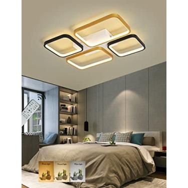 Imagem de Luminária de teto LED regulável para sala de estar, com design retangular em patchwork preto e dourado, temperatura de cor de 3000K a 6000K, controle remoto, ideal para iluminação interna de