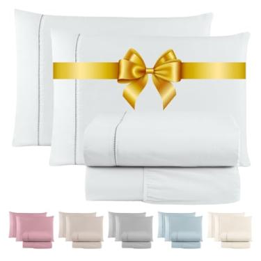 Imagem de Jogo de Lençol 600 Fios Cama Solteiro Casal Queen e King Premium Extra Macio - Roupa De Cama Antiácaro (Branco, Queen 4 Peças)