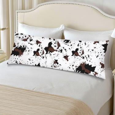 Imagem de Capa de travesseiro de corpo com estampa de vaca 50 x 132 cm, capa de almofada longa ocidental marrom vaca com estampa de couro bovino branco com fecho de envelope, capas de almofadas decorativas para