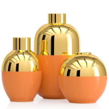Imagem de Conjunto de 3 vasos de flores de cerâmica de ouro laranja queimado, modernos vasos decorativos redondos para decoração de casa, quarto, escritório, sala de estar, estante de livros, casamento, mesa de