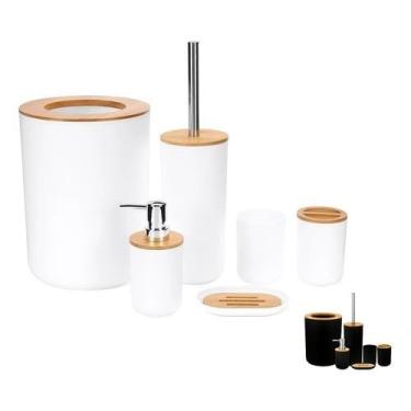 Imagem de Kit para Banheiro Premium Minimalista – Lixeira, Dispenser, Porta-Escova, Copo, Escova Sanitária e Saboneteira | Design Clean, Textura Canelada, Bambu e Inox(6 Peças Branco tampa vazada)