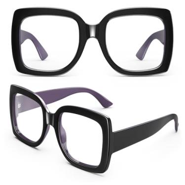 Imagem de GQUEEN Óculos postiços grandes femininos masculinos retrô grosso armação quadrada grande lente transparente proteção UV400 óculos modernos, Preto/roxo, Large