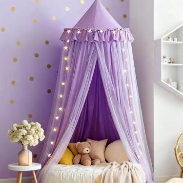 Imagem de YEERSWAG Cama De Dossel De Camada Dupla Com Luzes De Estrelas, Cama De Dossel Para Meninas, Cama De Dossel De Tamanho Duplo, Cortina Para Crianças, Tenda De Brincar De Princesa, Decoração De Quarto,