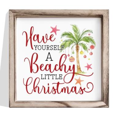 Imagem de Decoração de parede de Natal, placa de Natal na praia, frase Have Yourself a Beachy Little Xmas com palmeira e estrela do mar, decoração de parede costeira para banheiro ou sala de estar, placa