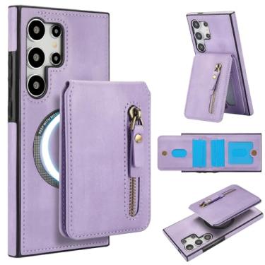 Imagem de Carteira destacável compatível com carregamento sem fio Magsafe para Samsung Galaxy S24 Ultra capa com suporte para cartão, bolso com zíper, suporte 2 em 1 capa à prova de choque (roxa)