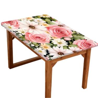 Imagem de Toalha de mesa retangular de 1,8 m com elástico de flor rosa branca retrô elástica retangular capa protetora de mesa impermeável lavável para piquenique, jantar, cozinha, decoração ao ar livre