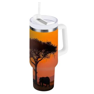 Imagem de Blueangle Copo isolado de 850 g com alça e tampa de canudo - Caneca de viagem de aço inoxidável à prova de vazamento, garrafa de água de família de elefante a vácuo de parede dupla (780)