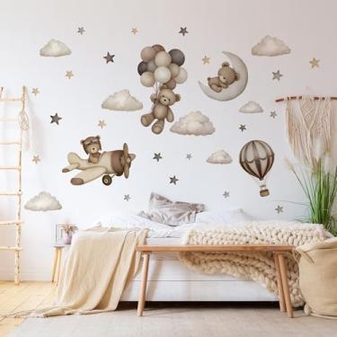 Imagem de Decalques de parede de urso de pelúcia - Desenho animado urso balão de ar estrela lua nuvem adesivos de parede para quarto de crianças meninas e meninos decoração de quarto de bebê quarto de bebê
