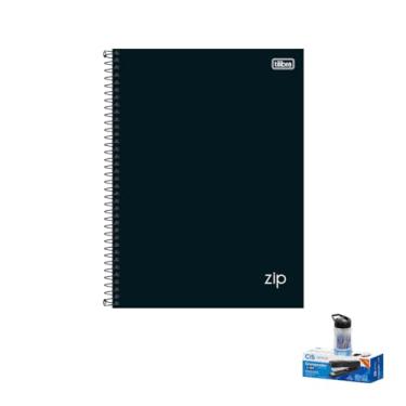 Imagem de Kit Caderno Universitário Capa Dura Zip Preto 10 Matérias Caneta e Grampeador