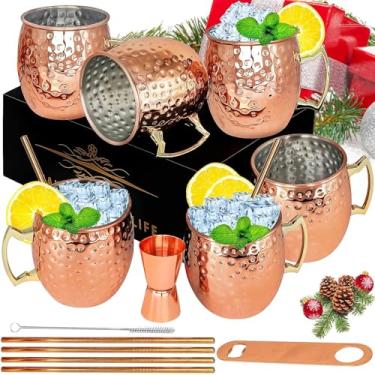 Imagem de Canecas de cobre Moscow Mule - Conjunto de 6 canecas de aço inoxidável banhadas a cobre 510 g, para bebidas geladas (pacote com 6)