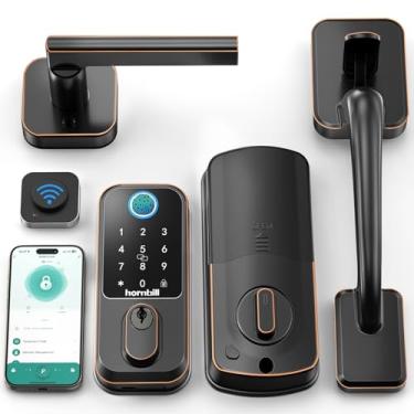 Imagem de Fechaduras inteligentes WiFi para porta da frente: fechadura de porta de entrada sem chave com alça, conjunto de fechadura de porta frontal com teclado de impressão digital, fechadura digital