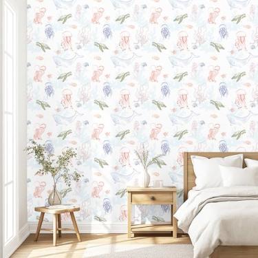 Imagem de Wallderful Papel de parede água-viva bonito oceano azul papel de parede para quarto de crianças autoadesivo papel de contato costeiro algas marinhas tartaruga marinha papel de parede para armários de