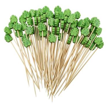 Imagem de BLLNDX 100 peças de palitos de coquetel de folha Monstera 4,7 polegadas espetos descartáveis de frutas de bambu biodegradáveis garfos de comida tema tropical havaiano festa artesanal sobremesa
