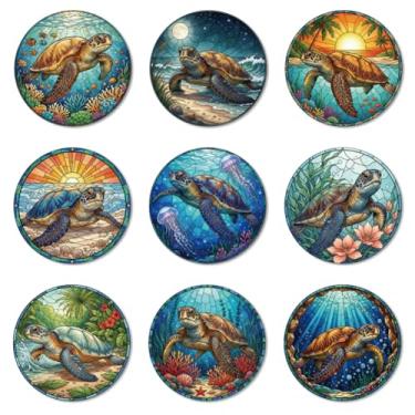 Imagem de ANATTASOUL Conjunto de 9 porta-copos de madeira colorida com padrão de tartaruga marinha presente de inauguração de casa redonda para casa nova, proteção de mesa de centro decorativa de 9,9 cm para