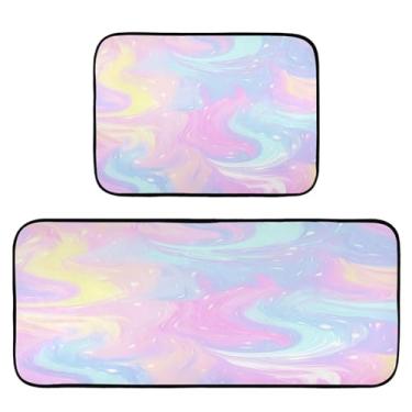 Imagem de Wassud Conjunto de 2 tapetes de cozinha com padrão de mármore abstrato, à prova d'água, antiderrapante, para cozinha, corredor, escritório, pia, lavanderia