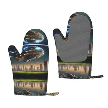 Imagem de Luvas de forno de silicone resistentes ao calor com impressão UFO at Night - Pegas antiderrapantes, grelhar e usar na cozinha (pacote com 2)