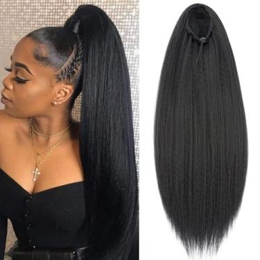 Imagem de Extensão de rabo de cavalo reto Yaki, extensão de rabo de cavalo para mulheres negras, extensão de cabelo humano Yaki, preto natural (rabo de cavalo com cordão, 50,8 cm)