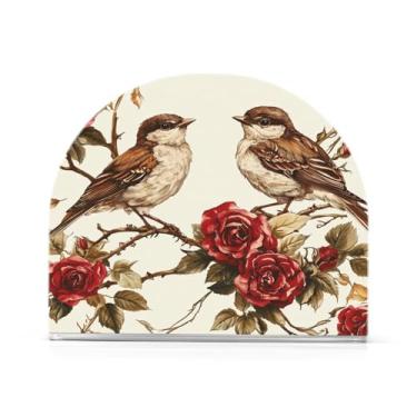 Imagem de Qilmy Suporte de guardanapo de dois pássaros no ramo de rosa vermelha para mesas, porta-guardanapos de papel de placa acrílica elegante, dispensador de papel de seda independente moderno para sala de
