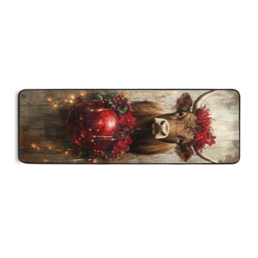 Imagem de Burbuja Tapete de Natal de vaca 61 x 183 cm, tapete lavável antiderrapante com suporte de borracha, tapete para sala de estar, corredor, decoração de casa