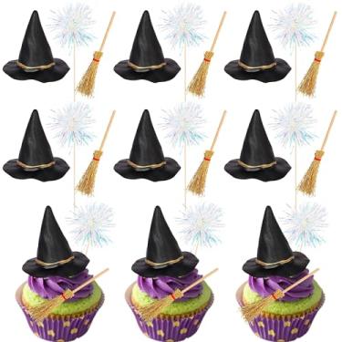 Imagem de Rsstarxi Pacote com 15 enfeites de cupcake de bruxa mágica com vassoura, chapéu de bruxa, varinha mágica, palhetas de cupcake para bruxa negra, aniversário, aniversário, festa de Halloween, decoração