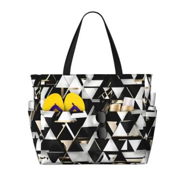 Imagem de SKKNT Sacolas modernas modernas com estampa de triângulo preto e branco dourado grande capacidade, impermeável, à prova de areia, praia, academia, viagem, férias, piquenique, preto, tamanho único