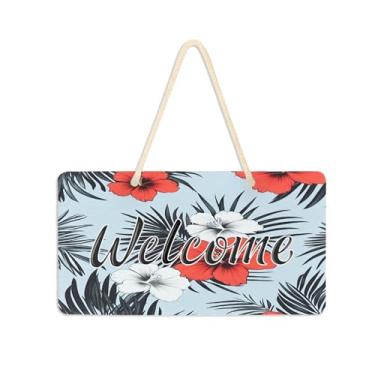 Imagem de Burbuja Placa de boas-vindas com folhas de palmeira de flores tropicais para porta da frente, placa de boas-vindas de PVC para decoração de férias, 15 x 28 cm