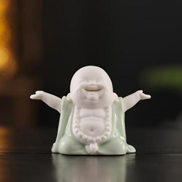 Imagem de Houlu Estátua de Buda Rindo Verde Pequena de 8 cm para Decoração de Casa, Estátua de Buda Feliz de Cerâmica Interior para Boa Sorte
