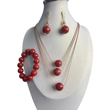 Imagem de Kit Maxi Colar Com Pulseira e Brincos Pingente Quadrado Resina Elegant