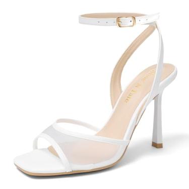 Imagem de Shoe'N Tale Sandálias femininas de salto alto, tira no tornozelo, salto gatinho, bico quadrado, sandália stiletto, Malha branca, 38