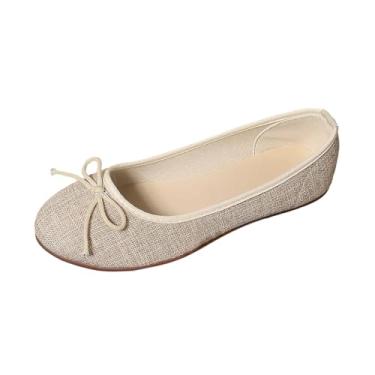 Imagem de Sandália feminina casual de malha de salto baixo, bico redondo, detalhe de laço, cabedal de lona para uso diário, Bege, 34