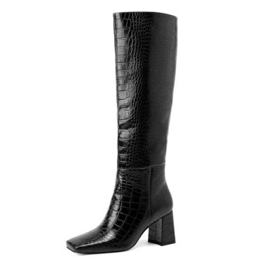 Imagem de GOSERCE Botas femininas pretas cano alto bico quadrado salto grosso falso crocodilo, Preto, 41