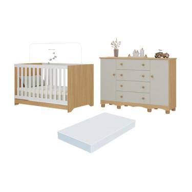 Imagem de Berço Americano 3 em 1 com Colchão Incluso e Cômoda 2 Portas 4 Gavetas Dengo Multimóveis Mp4706 Madeirado/off White